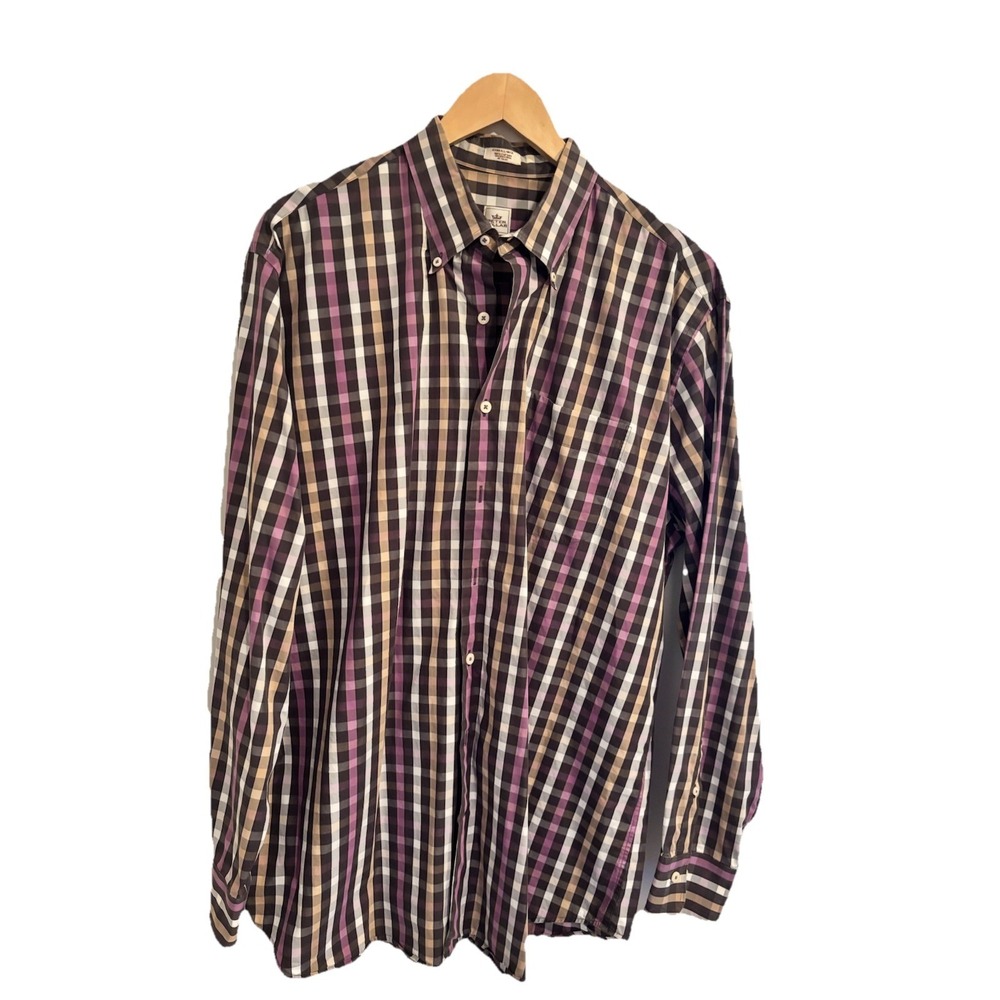 Peter Millar Crown Purple Tan Plaid L/Sl Button Down Shirt Men XL Cotton Casual